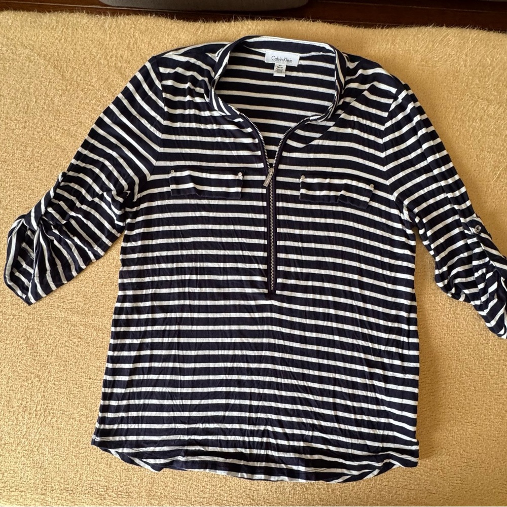 Calvin Klein Navy and White Striped Button-Down Shirt